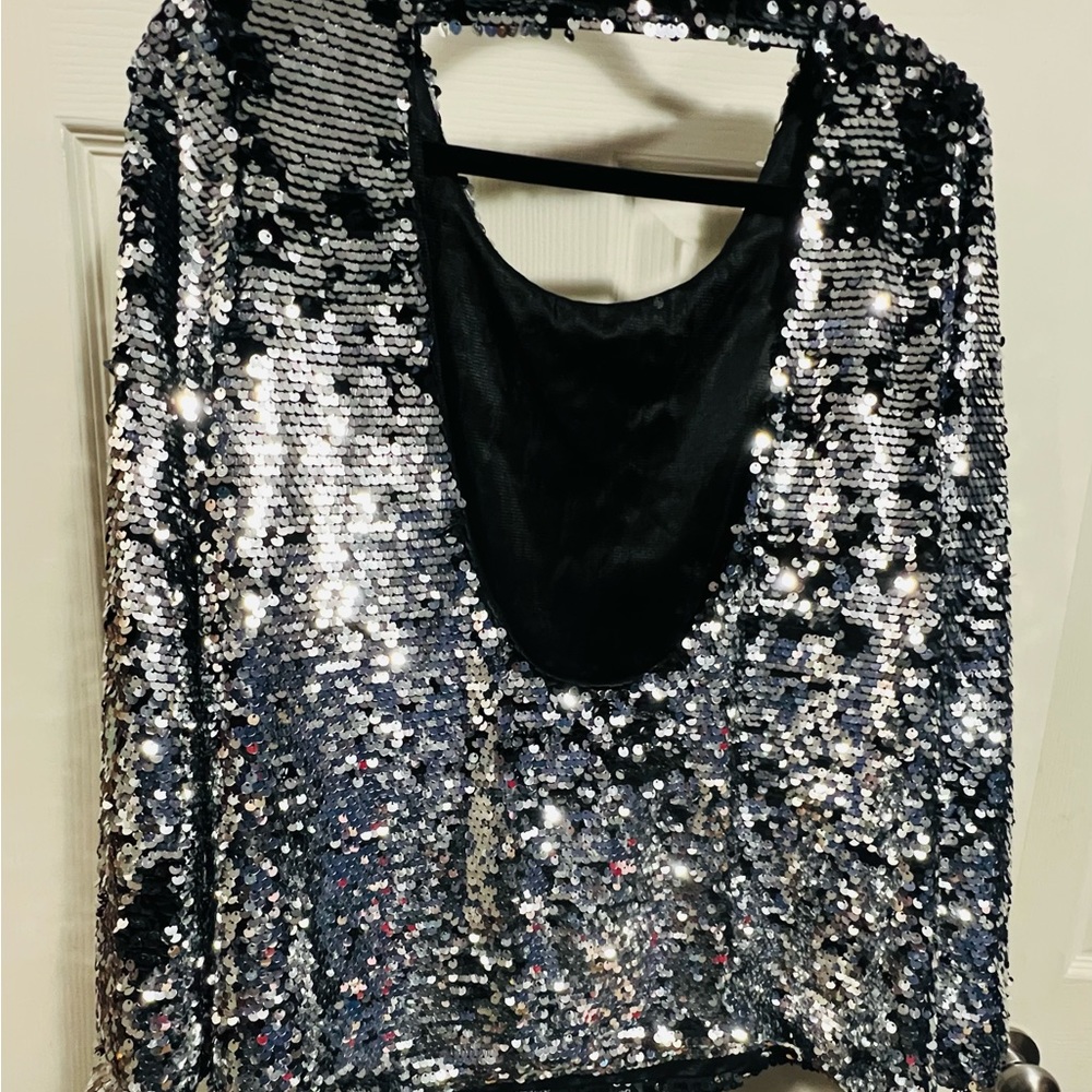 Vintage Literature Noir Open Back Sequin Top View 2